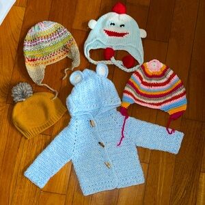 Colorful Knit Baby Hats beanie sock monkey Sweater Set bundle lot 3 6 month